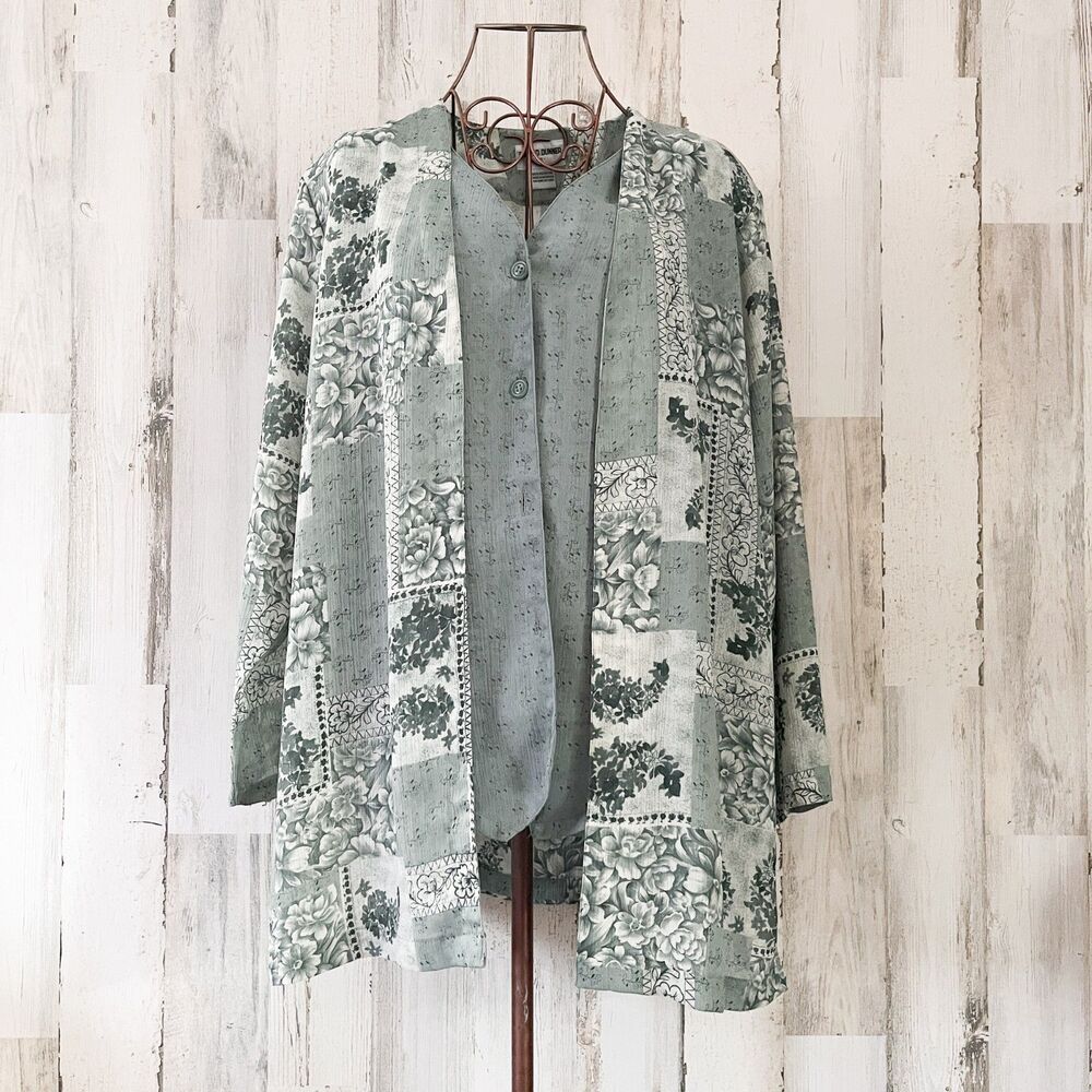 Vintage Sage Green Boho Jacket Blouse 16 Patchwork Office Casual Grandmacore